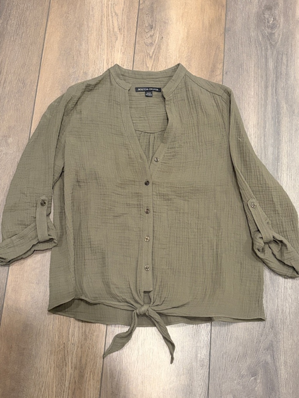 Boston Proper Olive Green Tie-Front Gauze Blouse